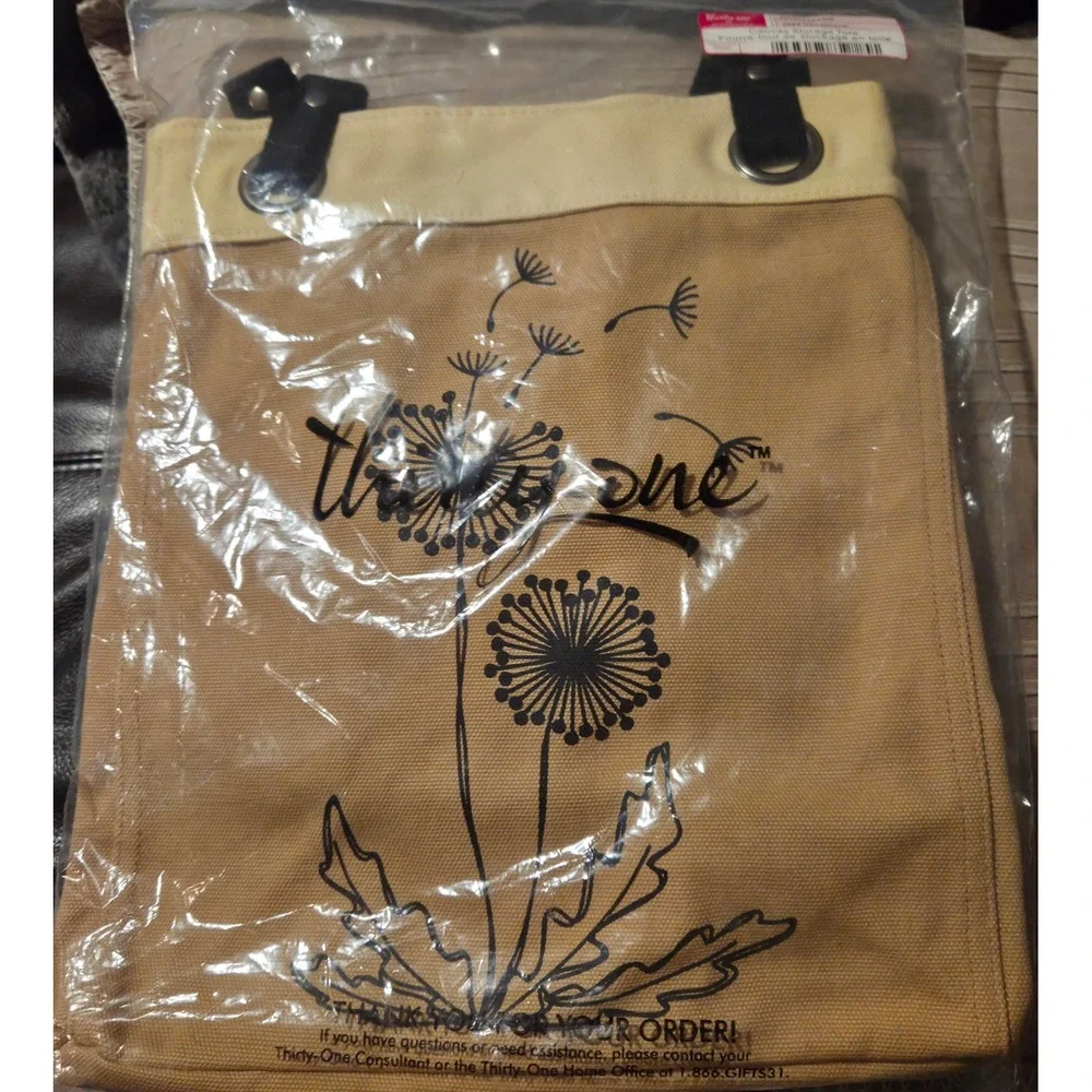 Thirty-One Retired Canvas Storage Tote‎ Dandelions Pattern Tan Cream Bag NIP